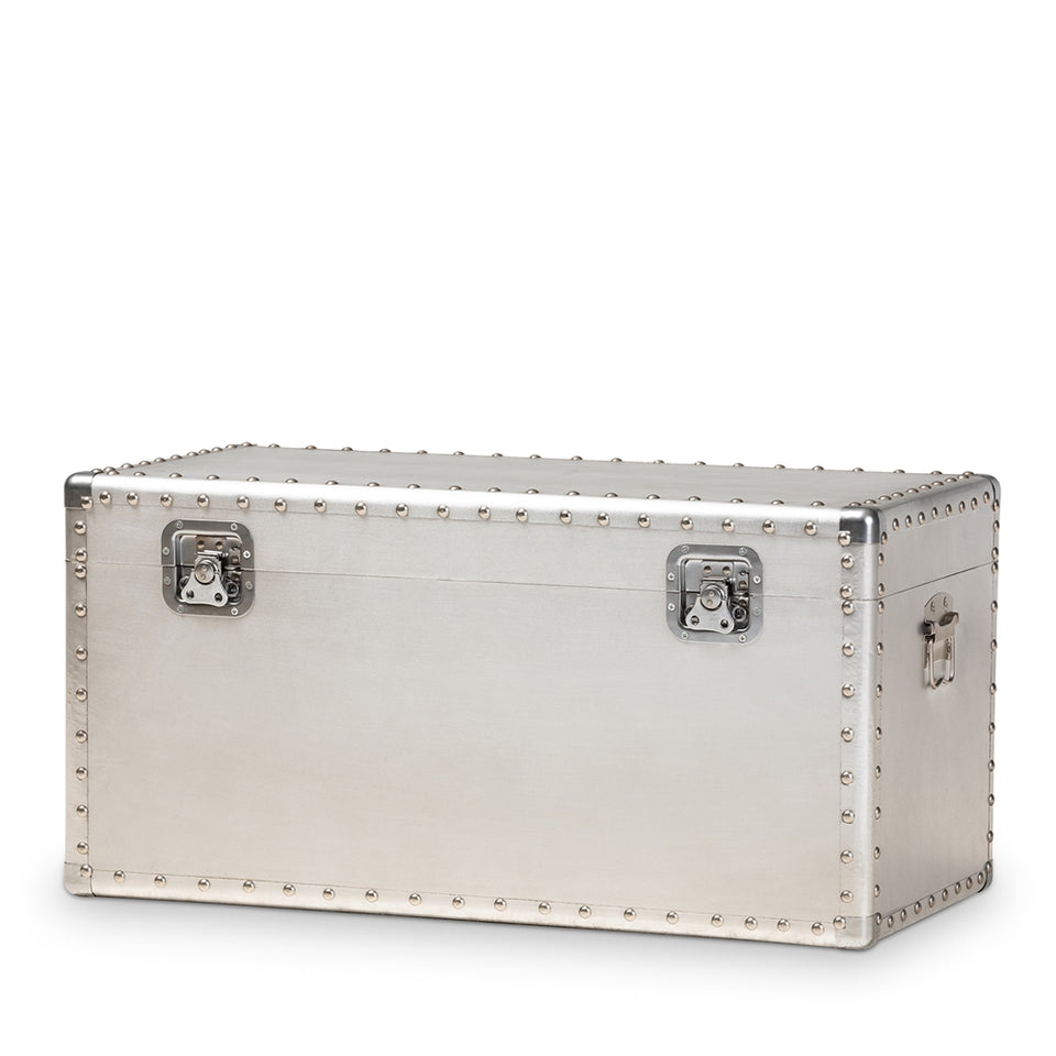Serge French industrial silver metal storage trunk.