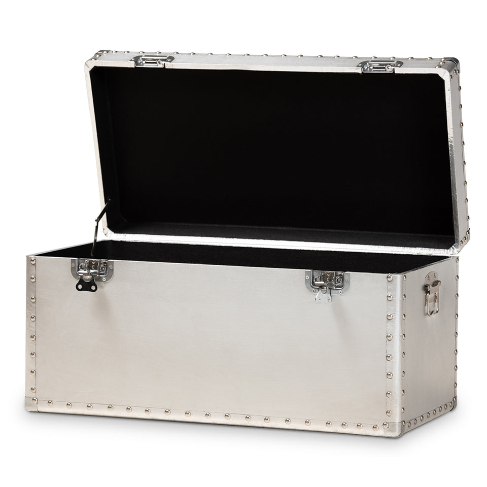 Serge French industrial silver metal storage trunk.