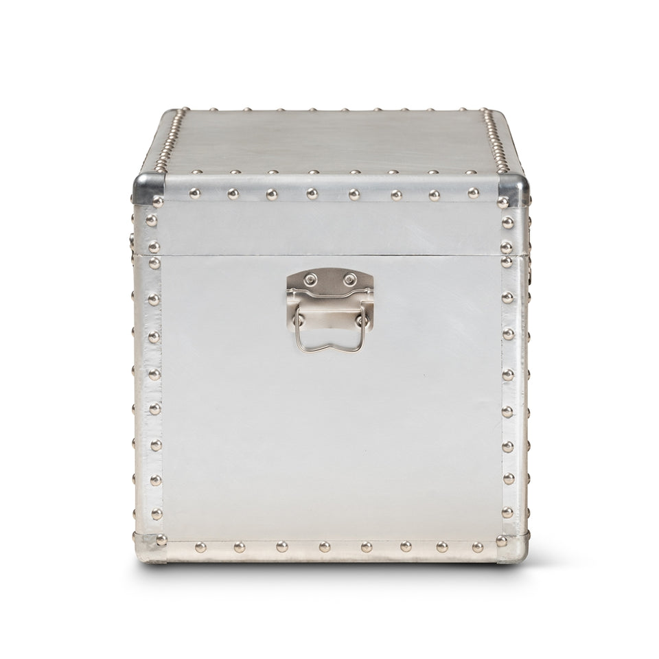 Serge French industrial silver metal storage trunk.