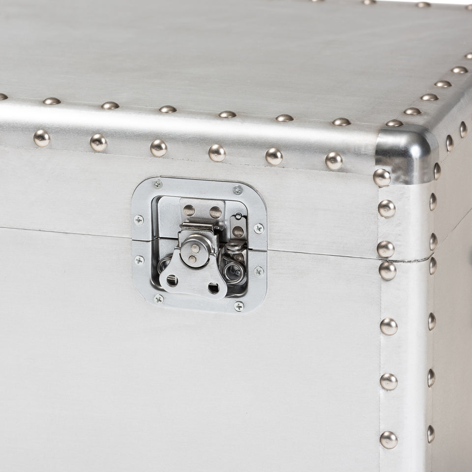 Serge French industrial silver metal storage trunk.