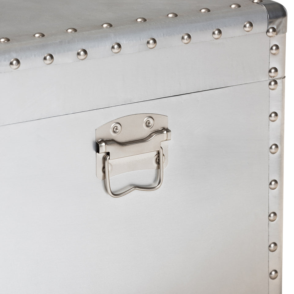Serge French industrial silver metal storage trunk.