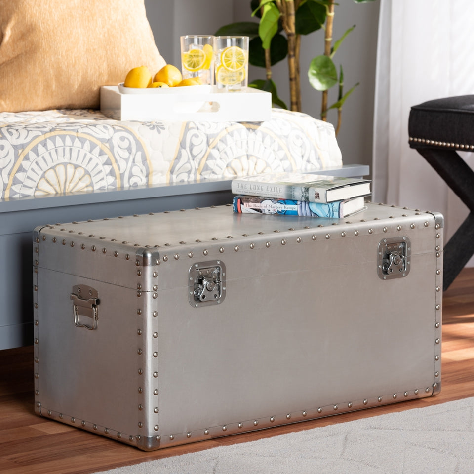 Serge French industrial silver metal storage trunk.