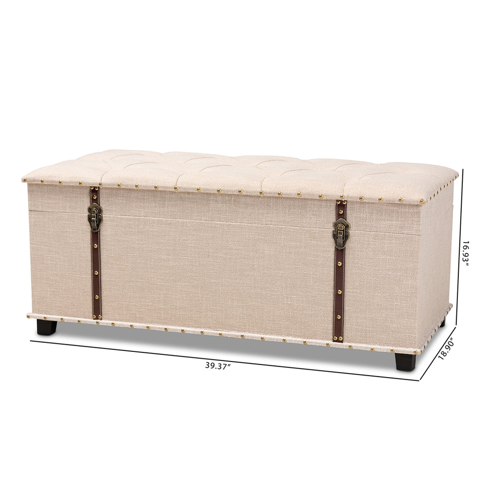 Copy of Kyra beige fabric upholstered storage trunk ottoman.