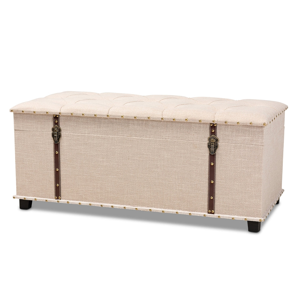 Copy of Kyra beige fabric upholstered storage trunk ottoman.
