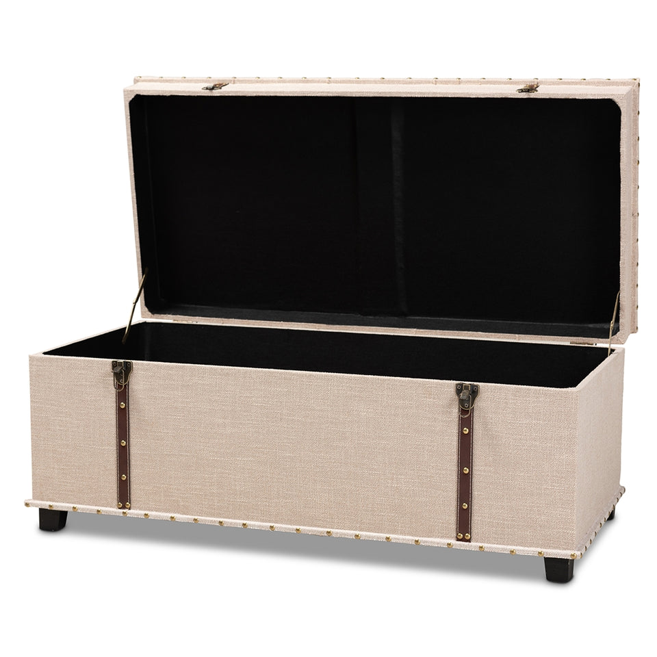 Copy of Kyra beige fabric upholstered storage trunk ottoman.