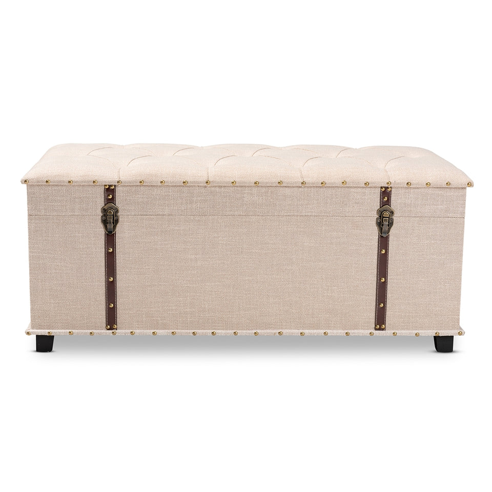 Copy of Kyra beige fabric upholstered storage trunk ottoman.