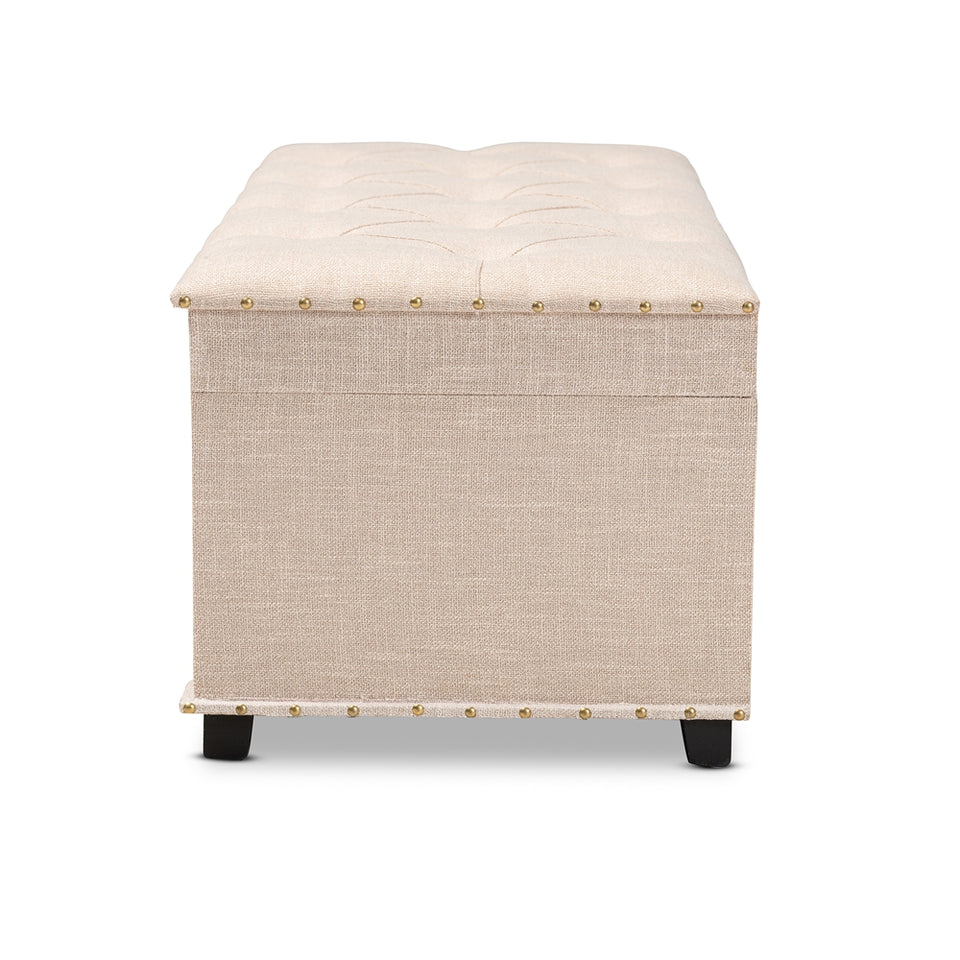 Copy of Kyra beige fabric upholstered storage trunk ottoman.