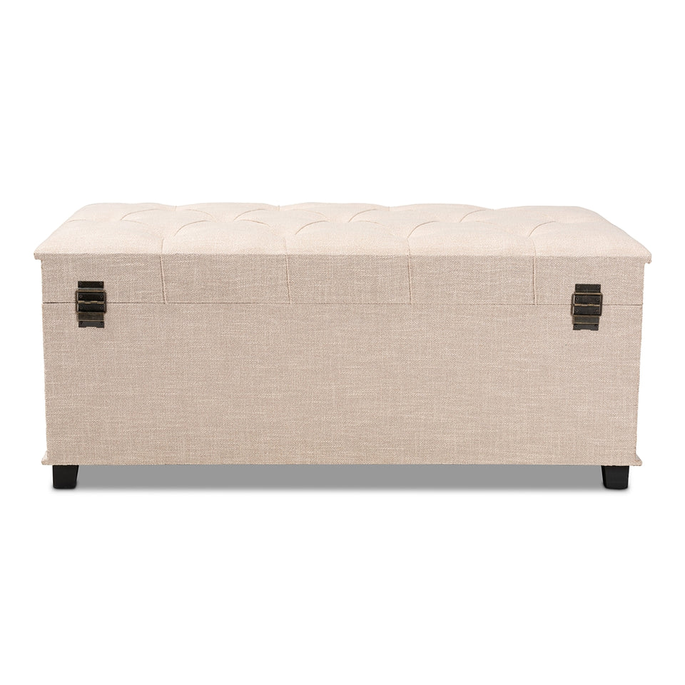 Copy of Kyra beige fabric upholstered storage trunk ottoman.