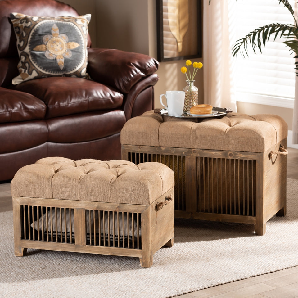 Clement rustic transitional farmhouse 2-piece wood spindle storage trunk ottoman set.