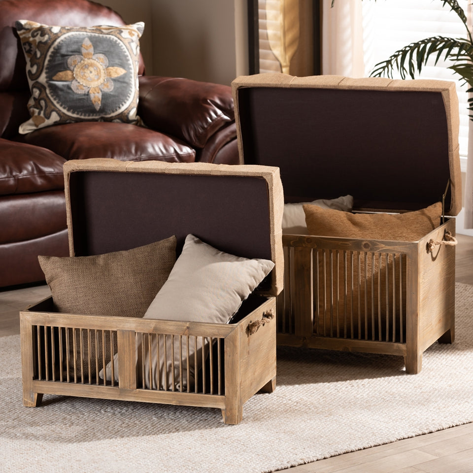 Clement rustic transitional farmhouse 2-piece wood spindle storage trunk ottoman set.