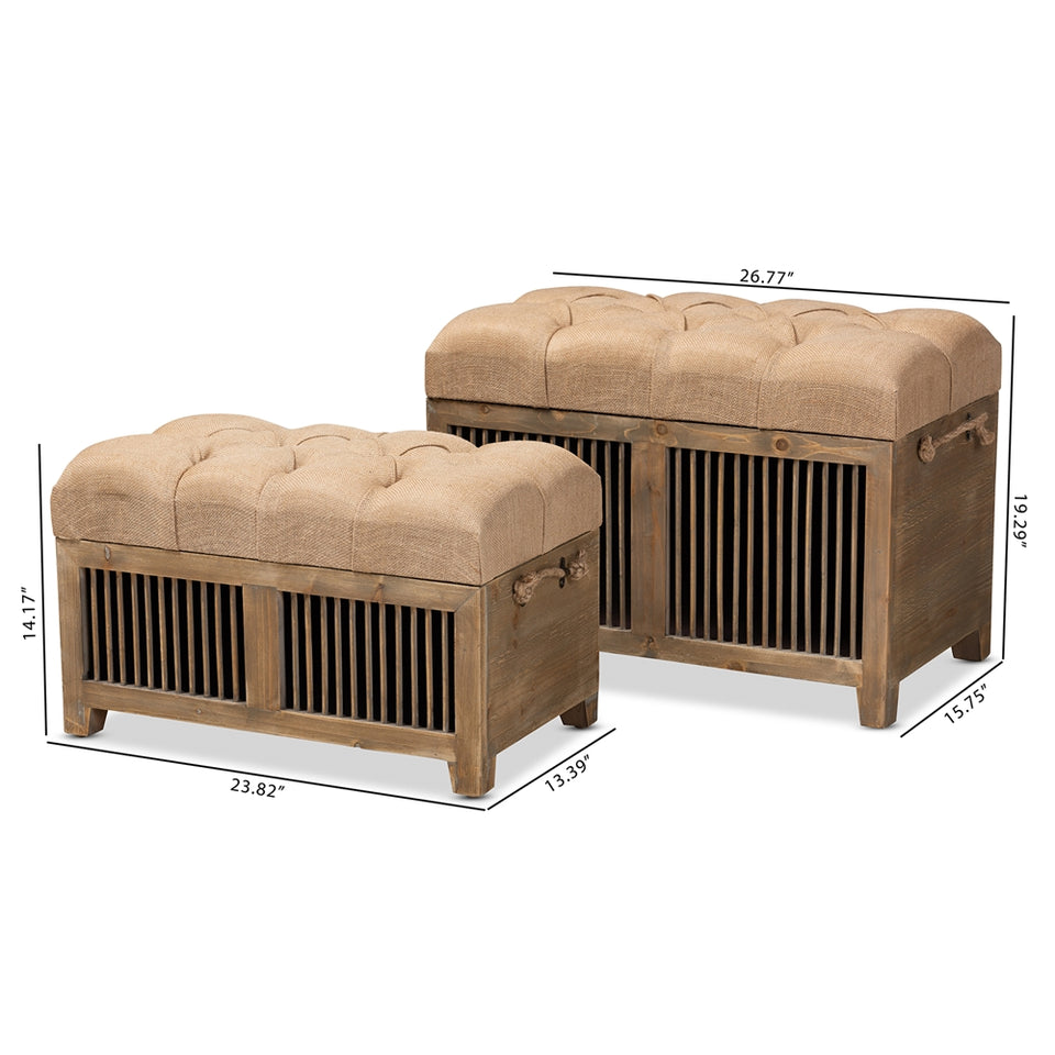 Clement rustic transitional farmhouse 2-piece wood spindle storage trunk ottoman set.