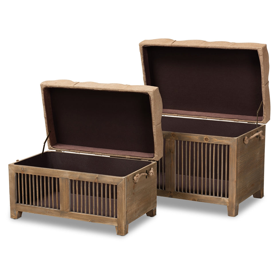 Clement rustic transitional farmhouse 2-piece wood spindle storage trunk ottoman set.