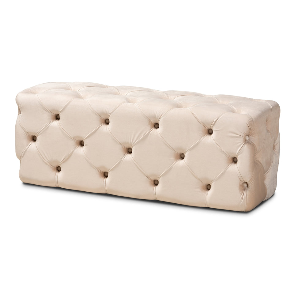 Jasmine modern velvet fabric upholstered button tufted bench ottoman.
