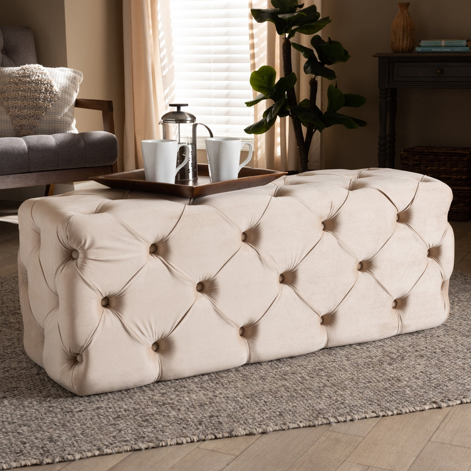 Jasmine modern velvet fabric upholstered button tufted bench ottoman.