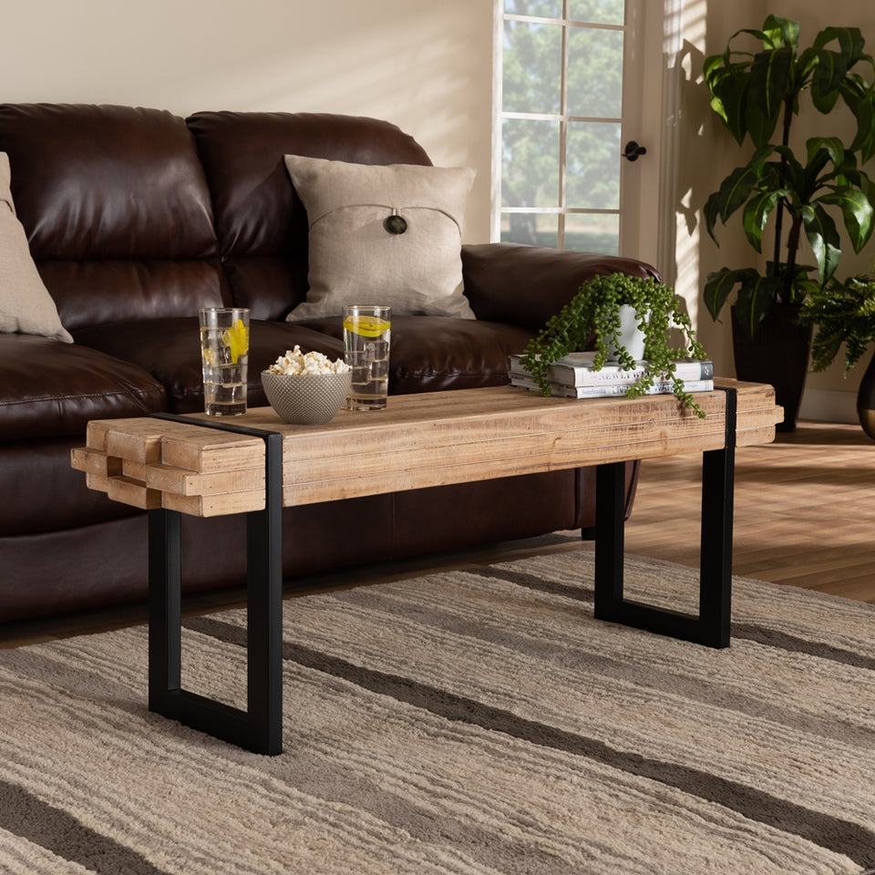 Henson rustic and industrial natural wood and black finished metal bench.