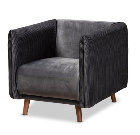 Beacher modern and contemporary grey velvet fabric upholstered and walnut brown finished wood armchair.