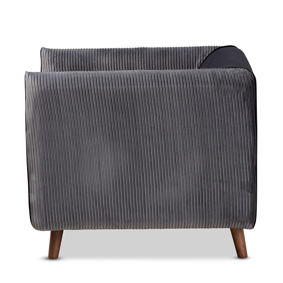 Beacher modern and contemporary grey velvet fabric upholstered and walnut brown finished wood armchair.