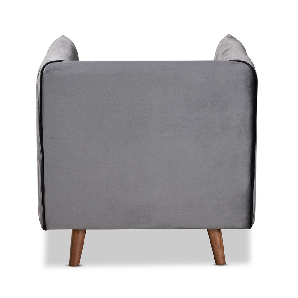 Beacher modern and contemporary grey velvet fabric upholstered and walnut brown finished wood armchair.