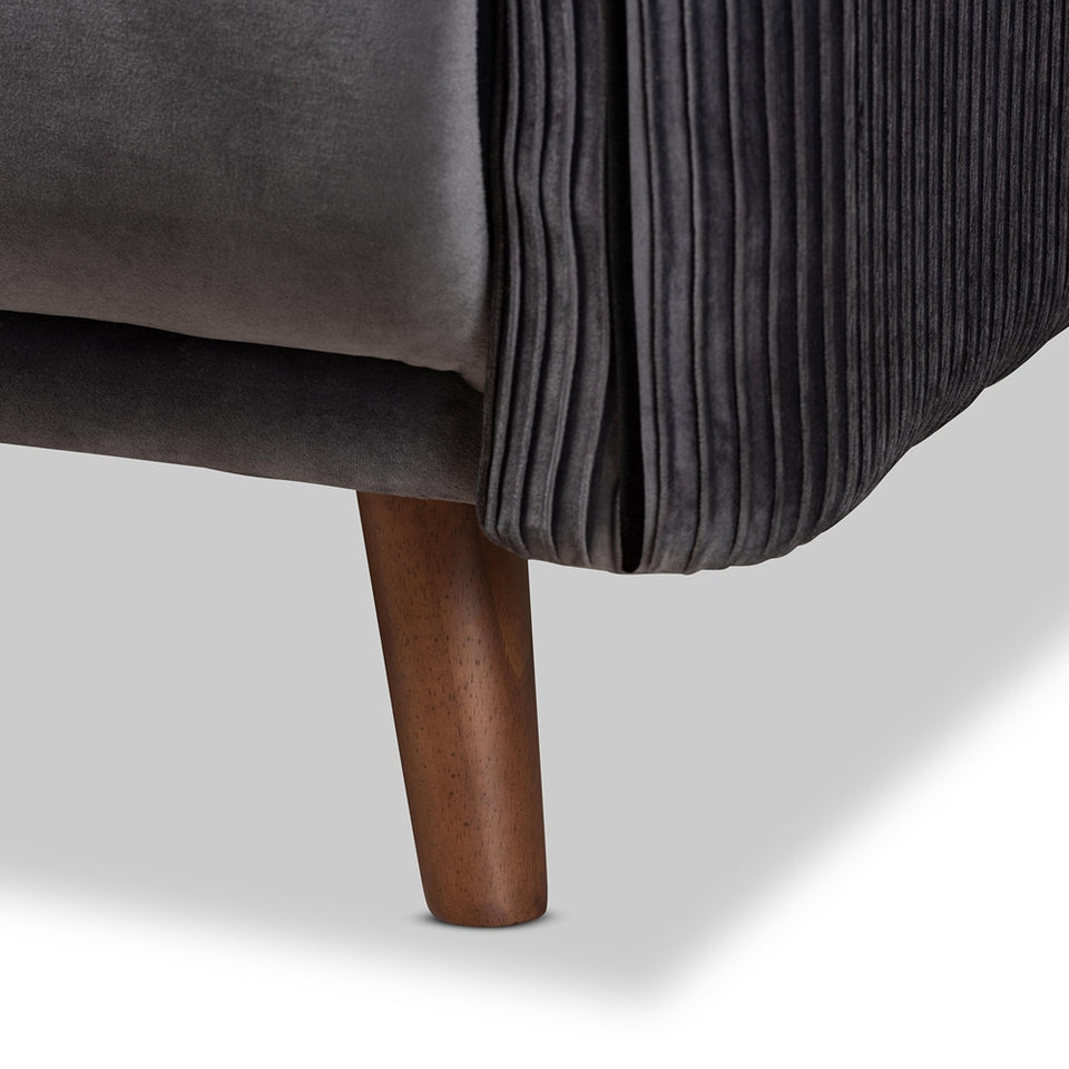 Beacher modern and contemporary grey velvet fabric upholstered and walnut brown finished wood armchair.