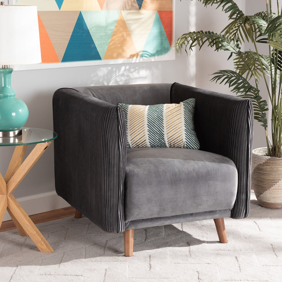 Beacher modern and contemporary grey velvet fabric upholstered and walnut brown finished wood armchair.