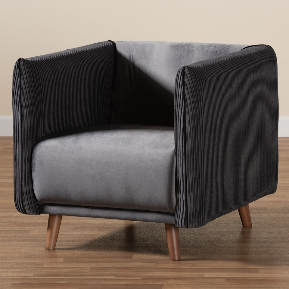 Beacher modern and contemporary grey velvet fabric upholstered and walnut brown finished wood armchair.