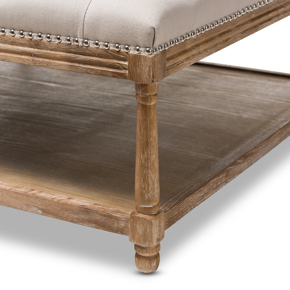 Carlotta French country weathered oak beige linen square coffee table ottoman.