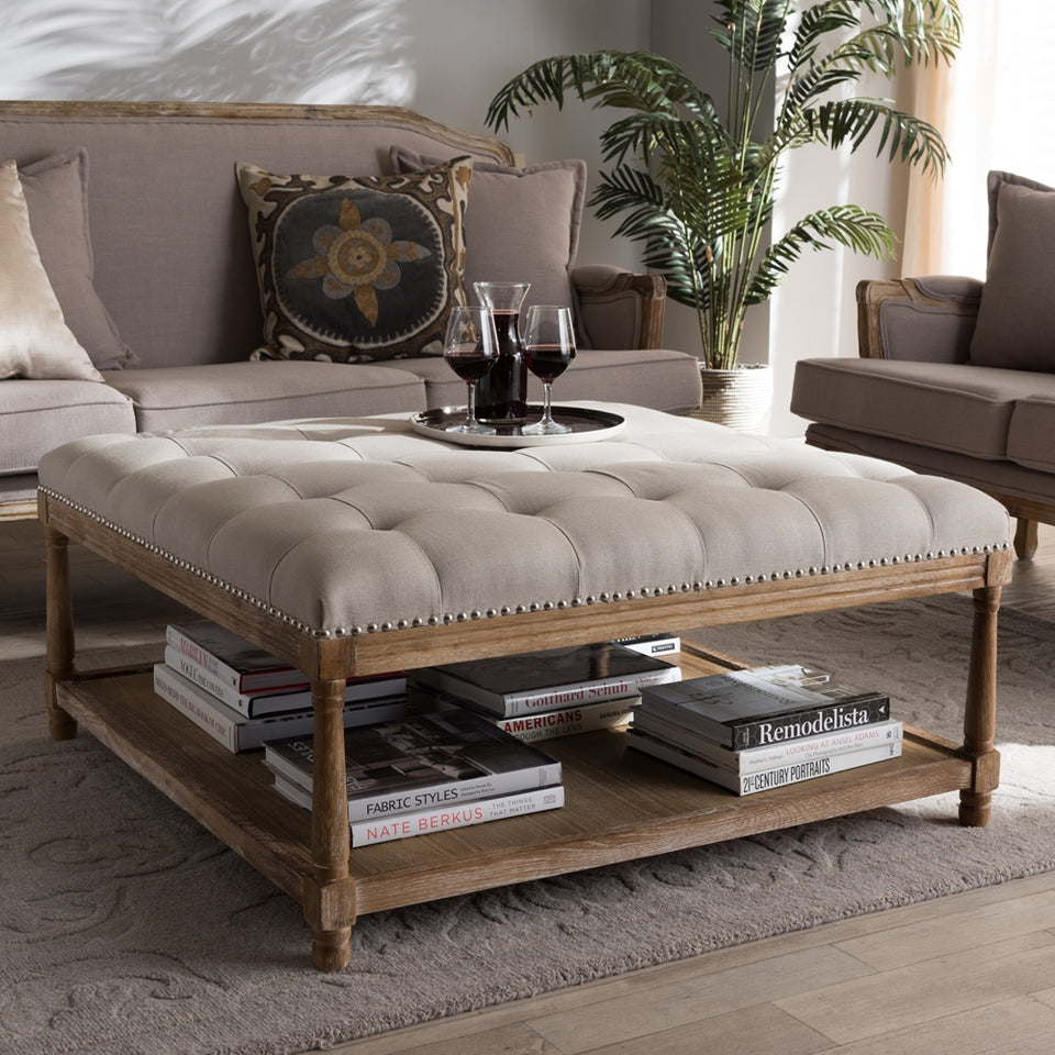 Carlotta French country weathered oak beige linen square coffee table ottoman.