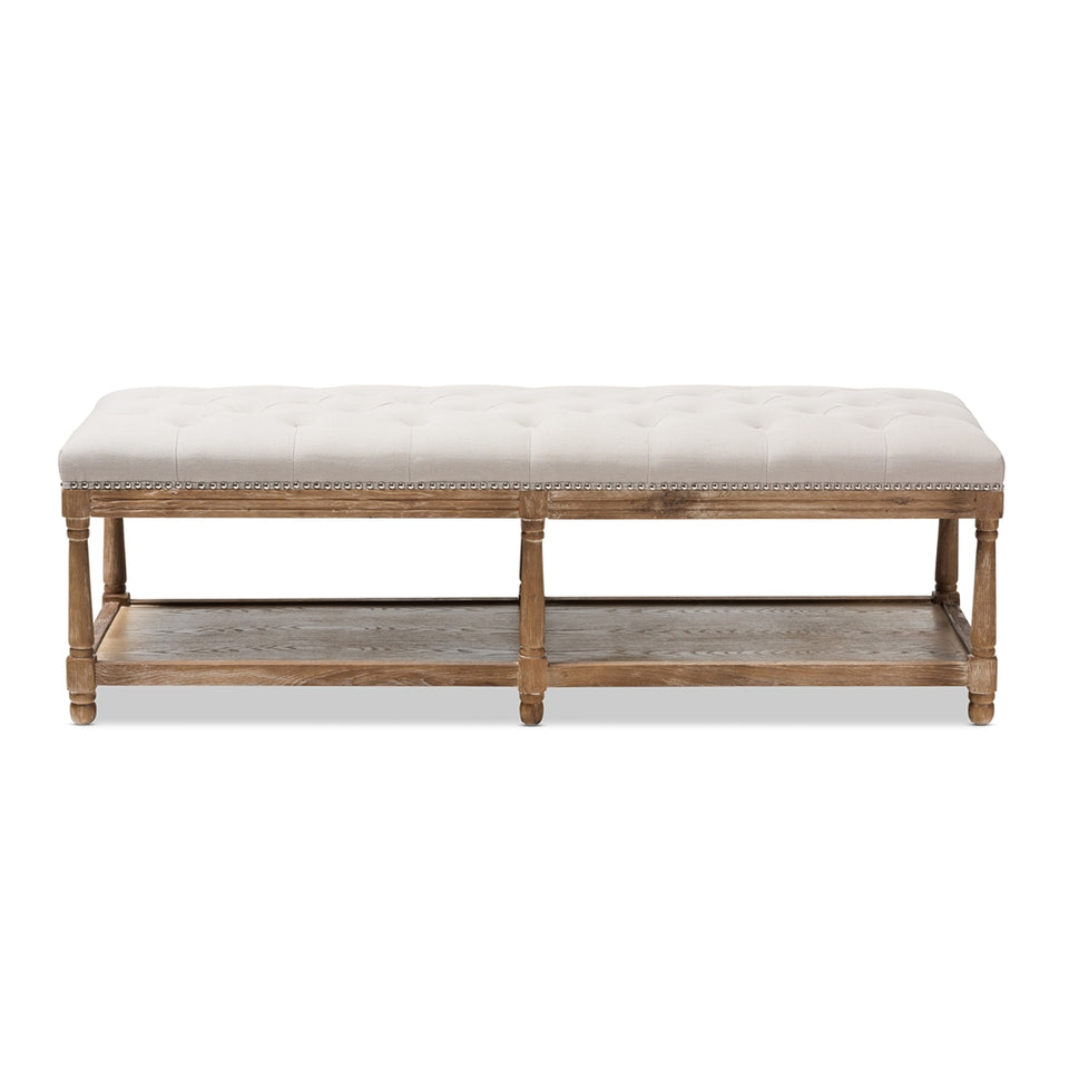 Celeste French country weathered oak beige linen upholstered ottoman bench.