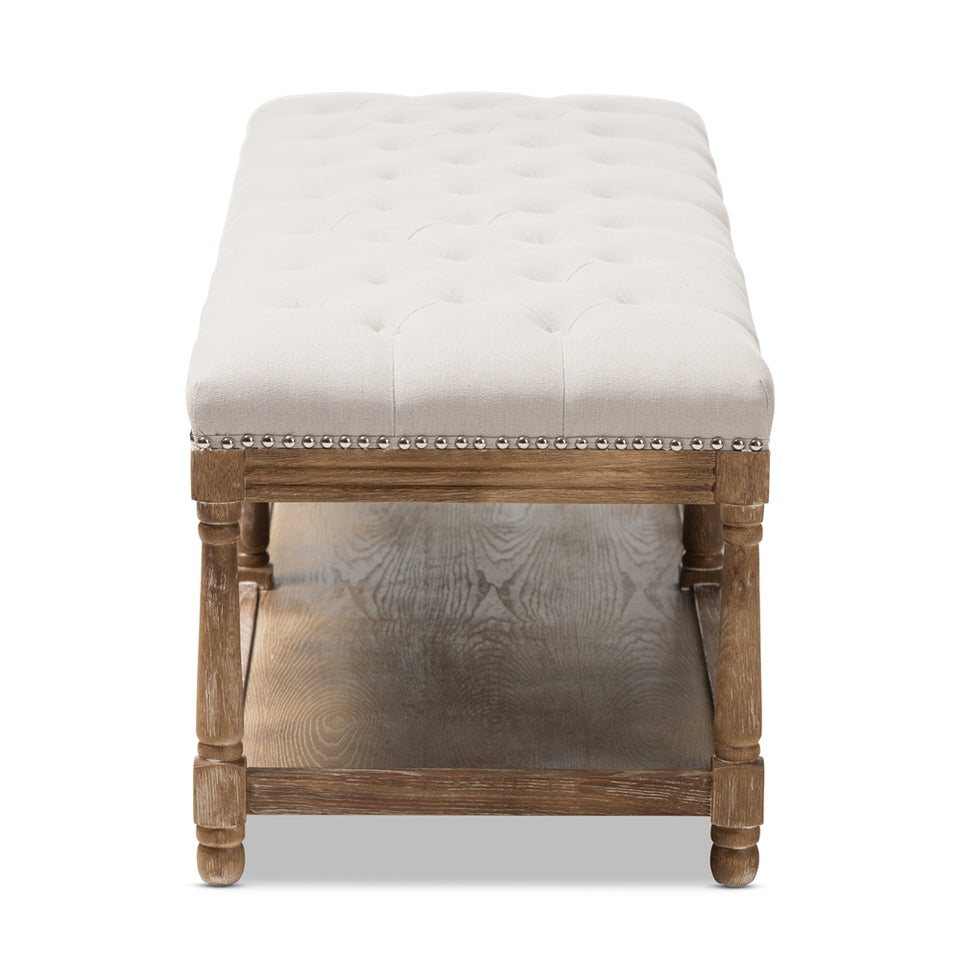 Celeste French country weathered oak beige linen upholstered ottoman bench.