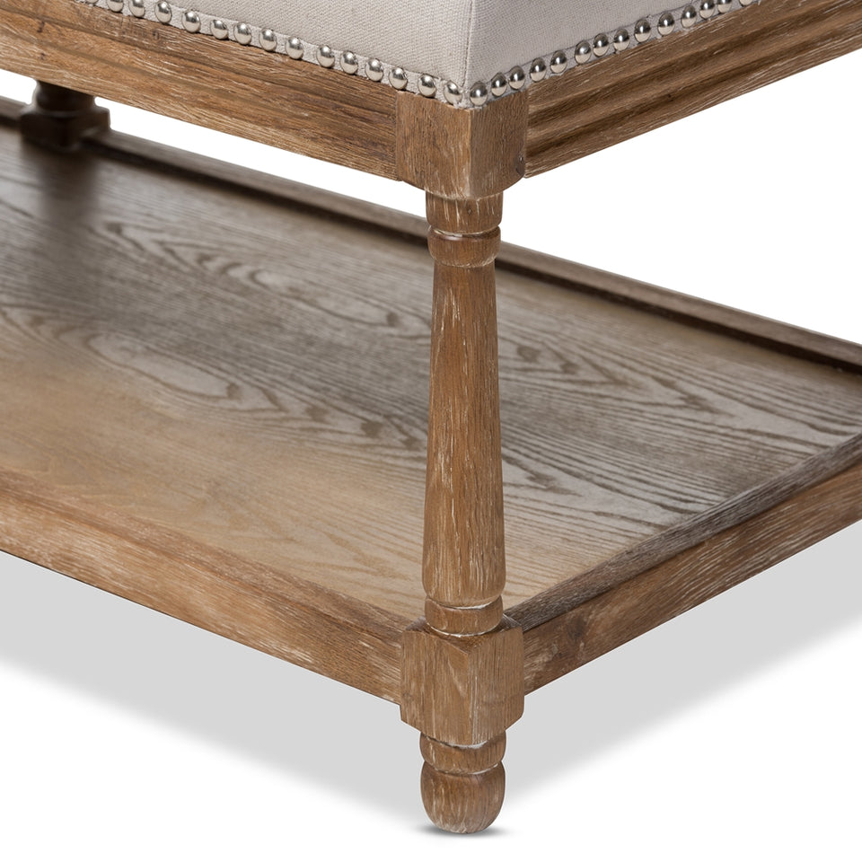 Celeste French country weathered oak beige linen upholstered ottoman bench.