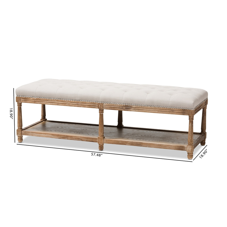 Celeste French country weathered oak beige linen upholstered ottoman bench.