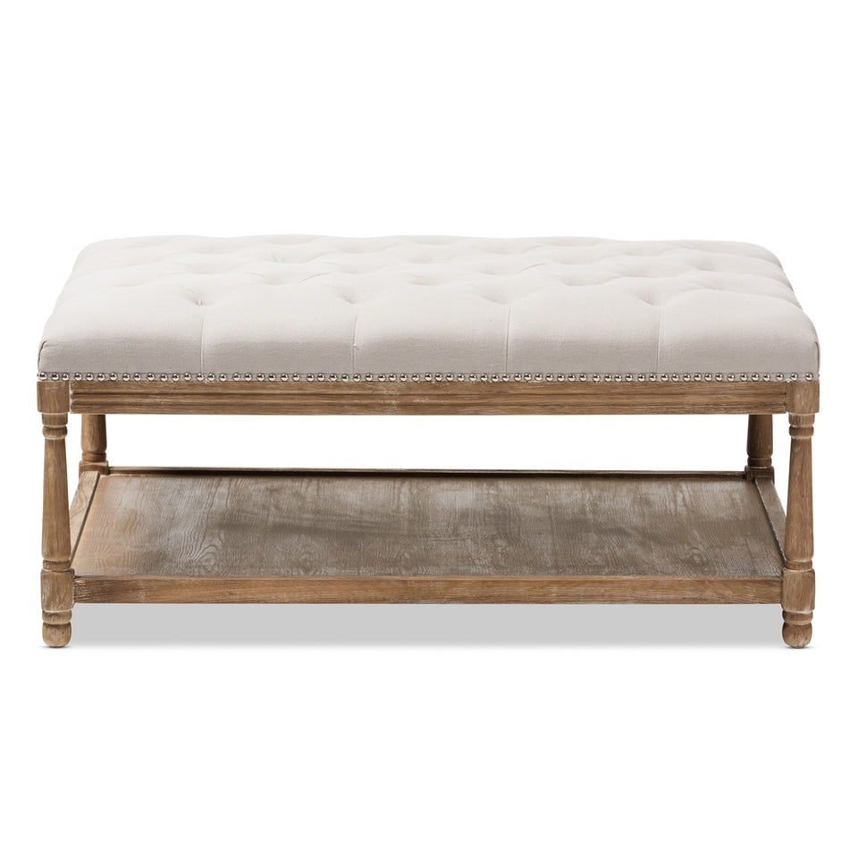 Carlotta French country weathered oak beige linen rectangular coffee table ottoman.