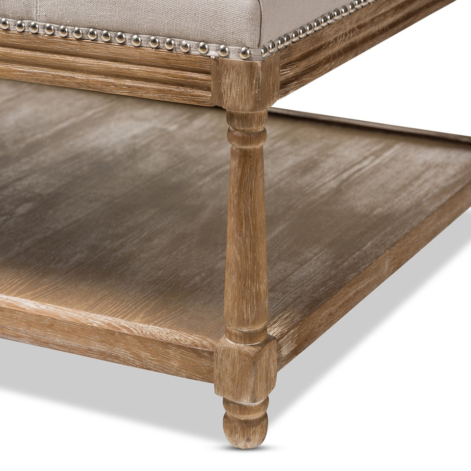 Carlotta French country weathered oak beige linen rectangular coffee table ottoman.