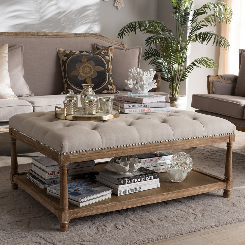 Carlotta French country weathered oak beige linen rectangular coffee table ottoman.