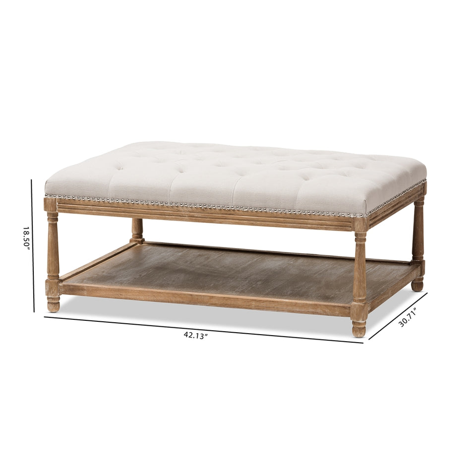 Carlotta French country weathered oak beige linen rectangular coffee table ottoman.