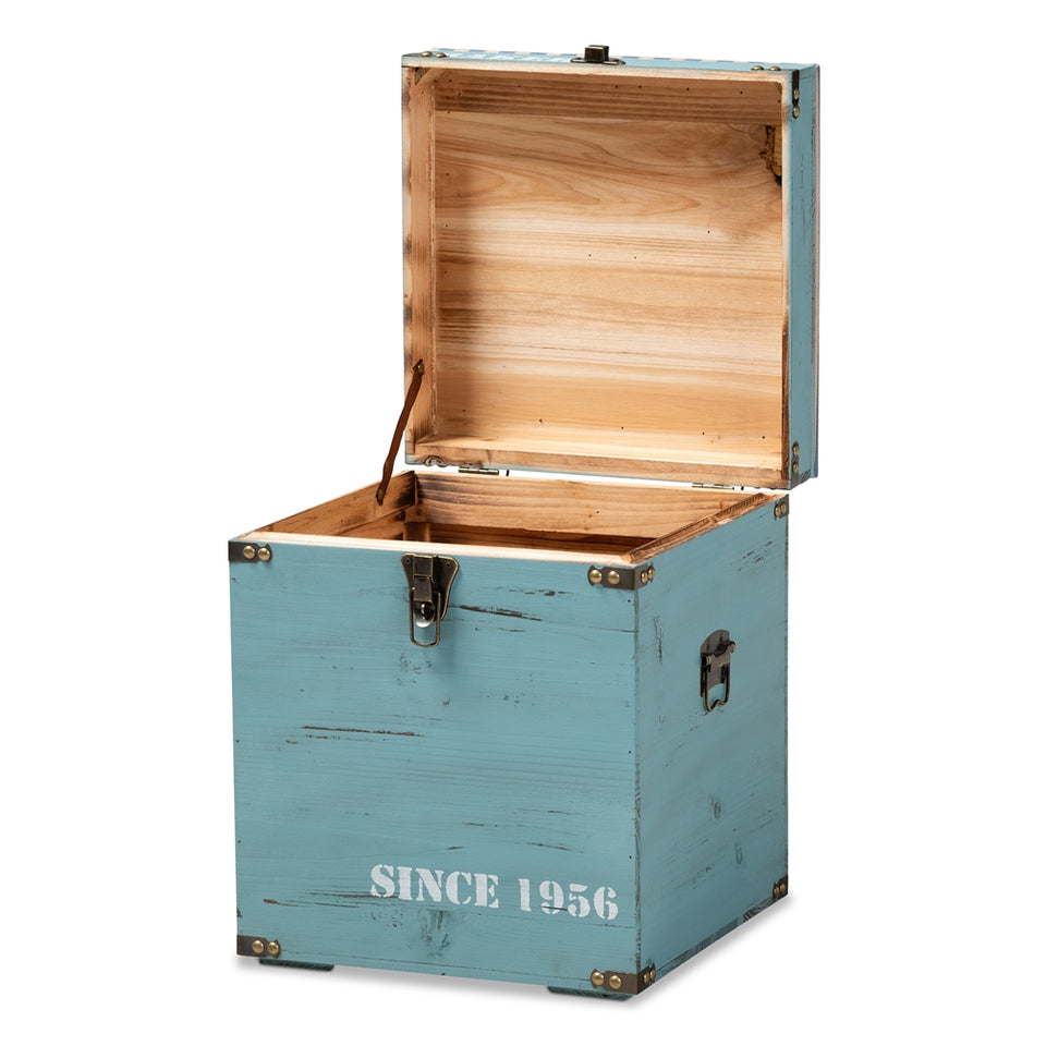 Caye vintage striped fabric upholstered light blue finished wood storage trunk ottoman.