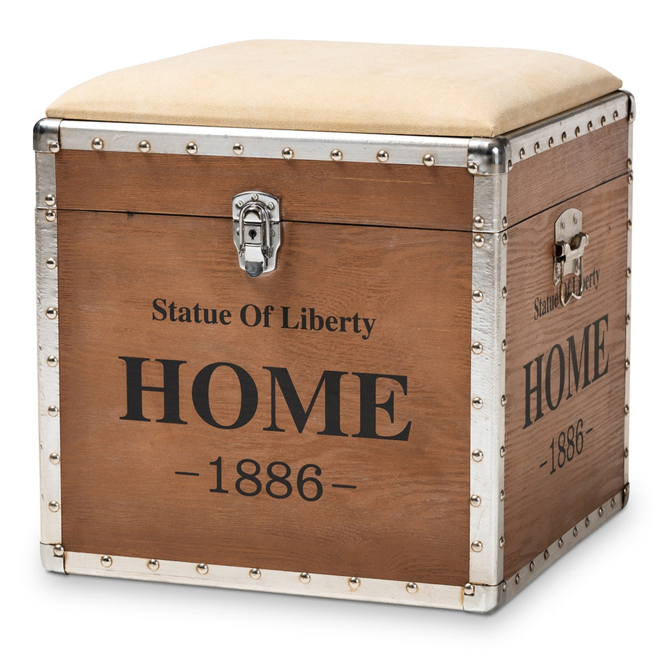 Violetta vintage industrial fabric upholstered wood storage trunk ottoman.