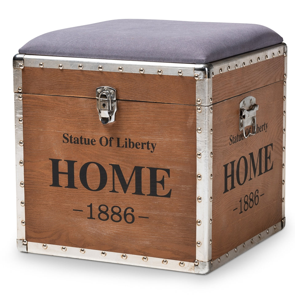 Violetta vintage industrial fabric upholstered wood storage trunk ottoman.