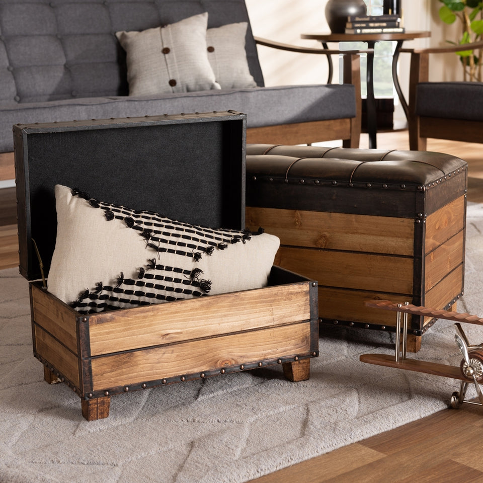 Marelli rustic 2-piece wood storage trunk ottoman set.