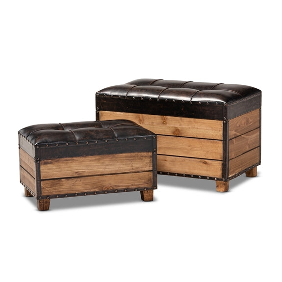 Marelli rustic 2-piece wood storage trunk ottoman set.