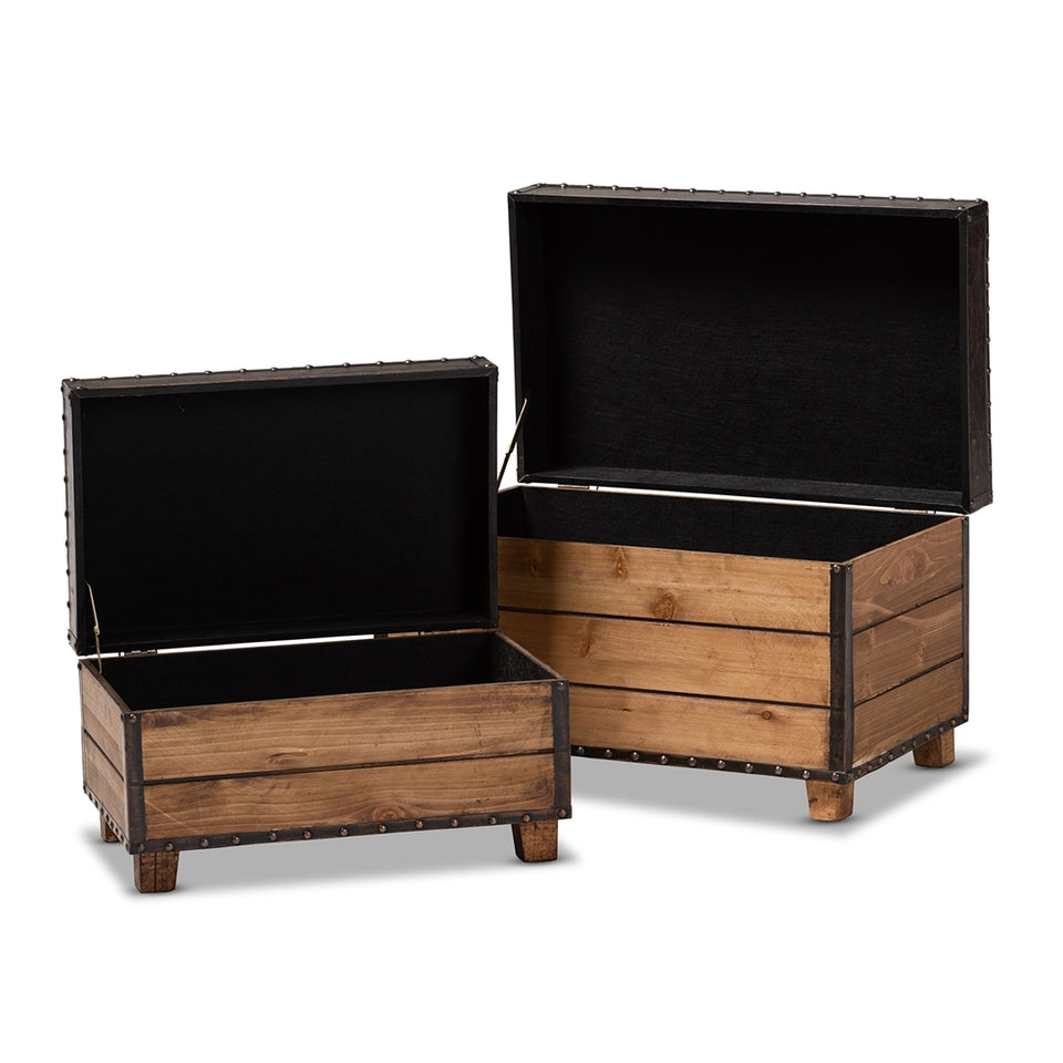 Marelli rustic 2-piece wood storage trunk ottoman set.