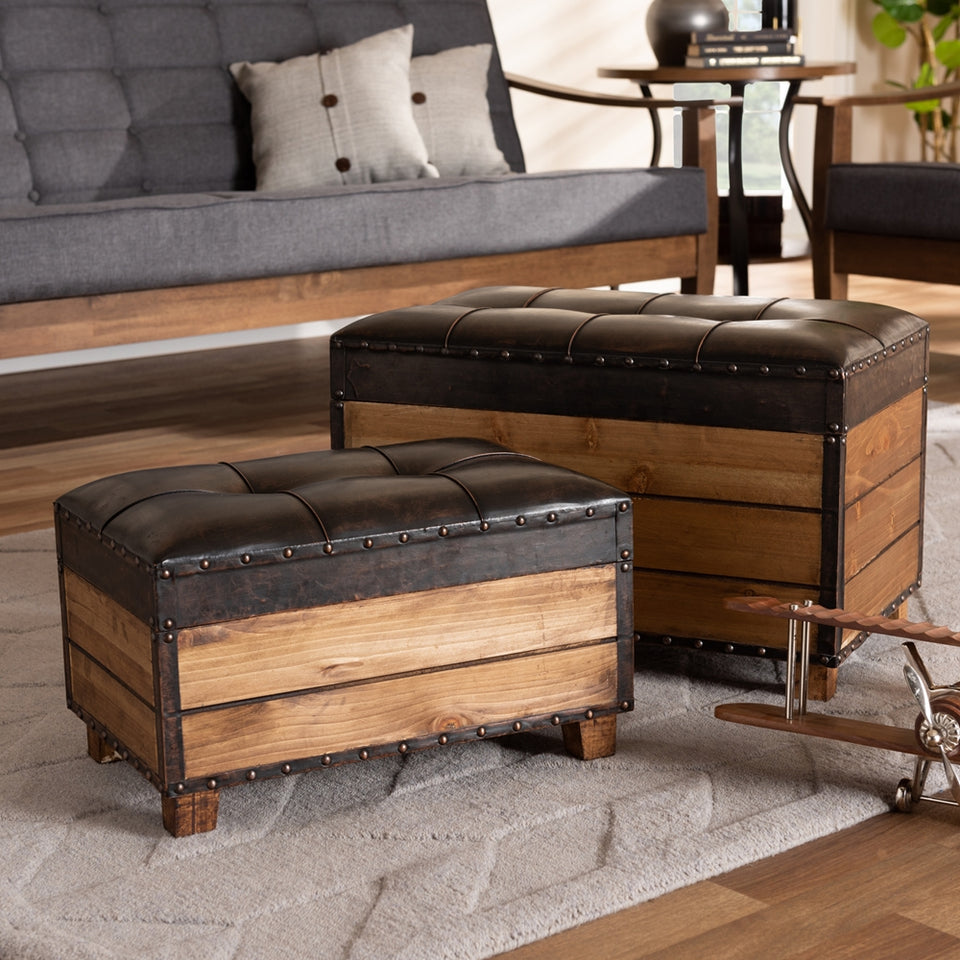 Marelli rustic 2-piece wood storage trunk ottoman set.
