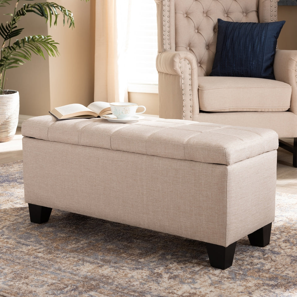Fera modern and contemporary light blue fabric upholstered storage ottoman.
