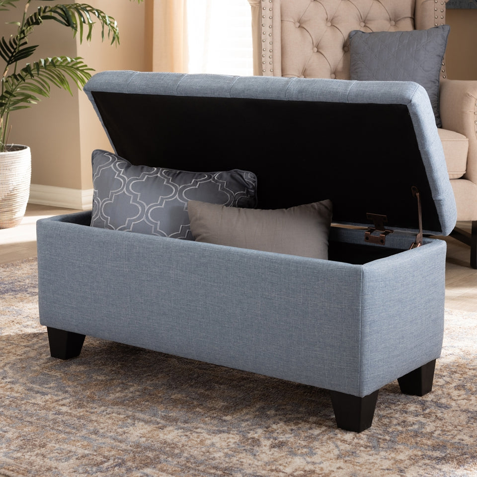Fera modern and contemporary light blue fabric upholstered storage ottoman.