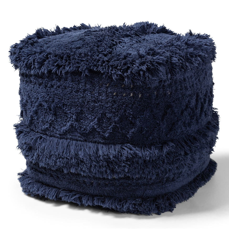Curlew Moroccan inspired navy handwoven cotton pouf ottoman.