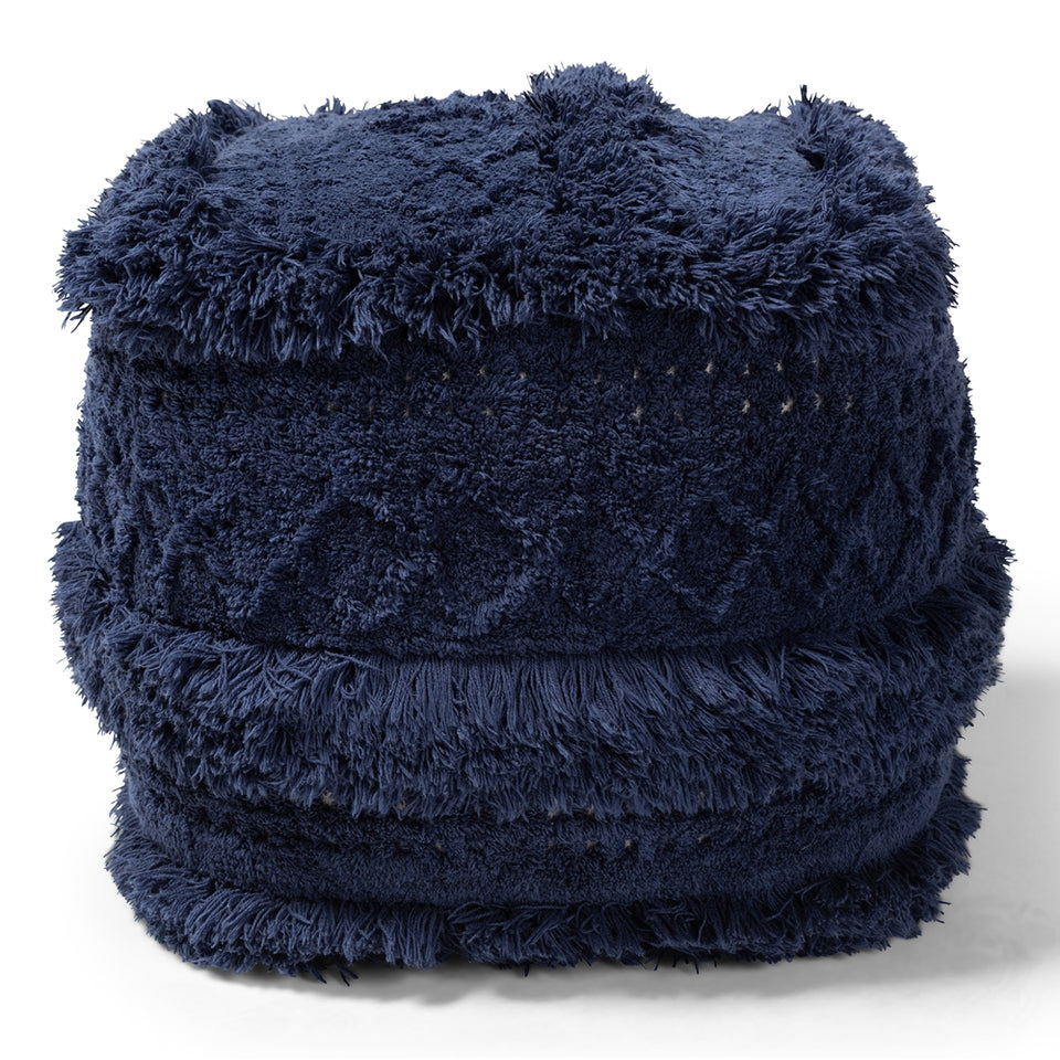 Curlew Moroccan inspired navy handwoven cotton pouf ottoman.