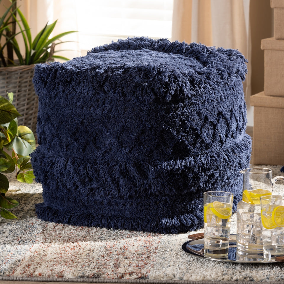 Curlew Moroccan inspired navy handwoven cotton pouf ottoman.