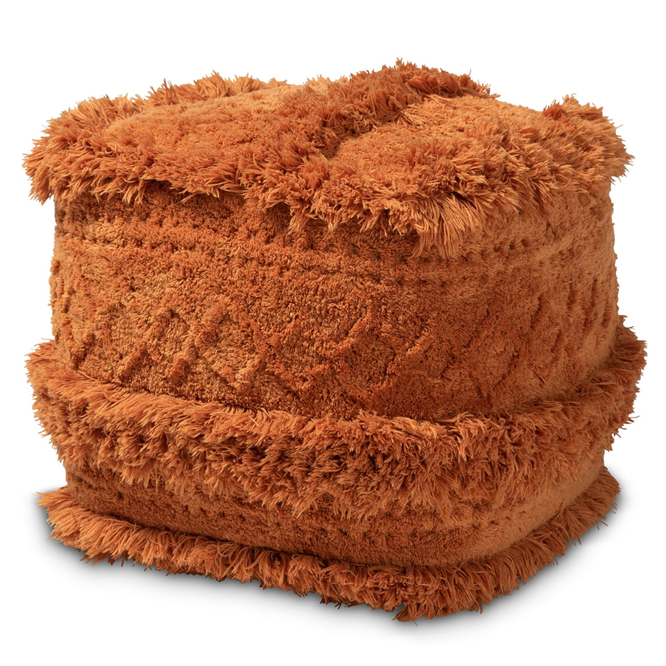 Curlew Moroccan inspired orange handwoven cotton pouf ottoman.