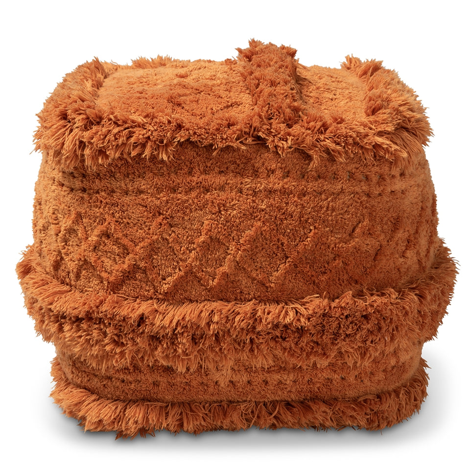 Curlew Moroccan inspired orange handwoven cotton pouf ottoman.