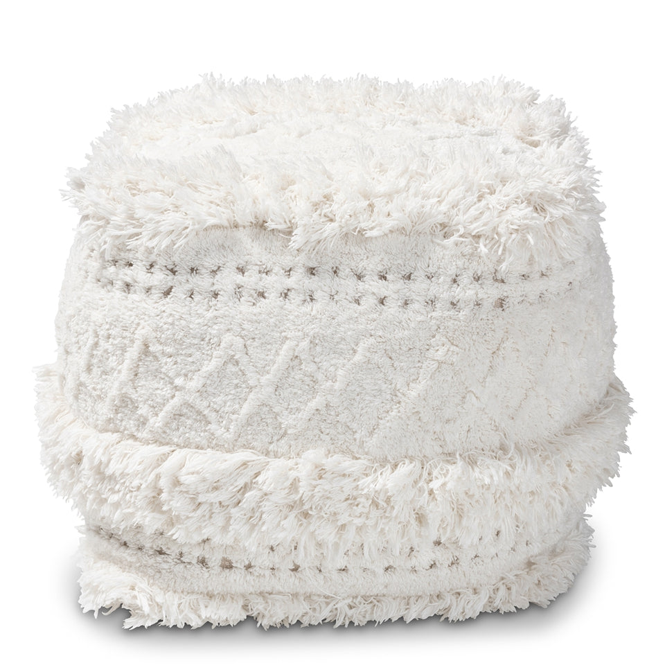 Curlew Moroccan inspired ivory handwoven cotton pouf ottoman.